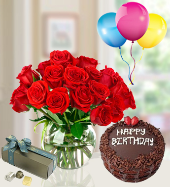 Bunch of 15 Red Roses with 250 gms Patchi Chocolate , 1 Kg Chocolate Cake and 3 Latex Balloon Surprise Birthday Gift