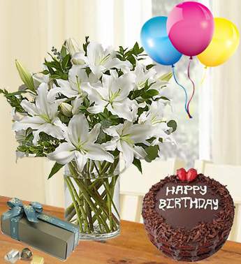 Bunch of 20 stems of White Lilies with 250 gms Patchi Chocolate , 1 Kg Chocolate Cake and 3 Latex Balloon Eternal Birthday