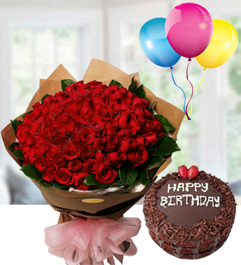 Bunch of 100 Red roses in nice wrapping with 1 Kg Chocolate Cake and 3 Latex Balloon Romance with Rose and Cake